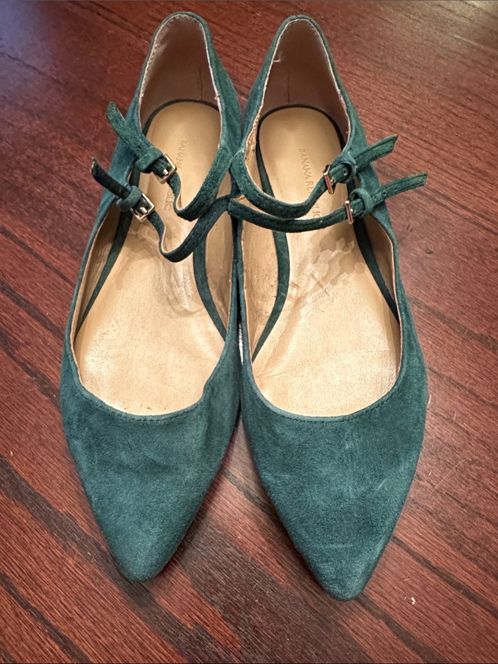 Banana Republic Green Suede Pointed-Toe Flats with Double Straps | 8M